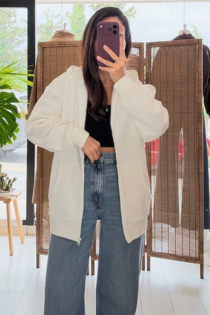 Ecru Hooded Zippered Sweat Cardigan