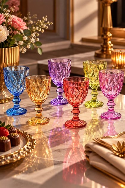 Set of 6 250 ml Colored Glass Cups – Decorative Crystal-Looking Water and Beverage Glasses