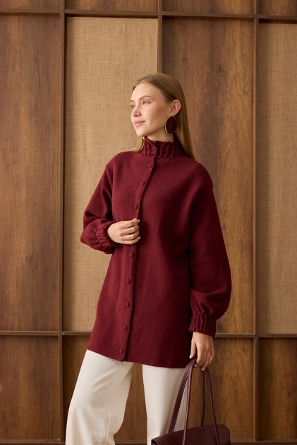 44392 - Stylish and Comfortable Felt-Polyester Women's Knitwear Long Cardigan with Buttoned Sleeves and Drawstring Detail at the Throat