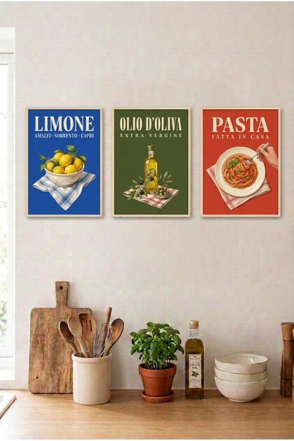 3-Piece Vintage Market Poster Wooden Framed Mdf Painting Set - Kitchen Wall Decor Huhu3247 - Triple Painting Set Natural Wood Frame