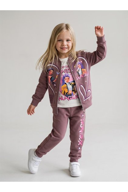 Girl's Patterned 3-Yarn Ruffled Elastic Leg 3-Piece Tracksuit Set - 261175