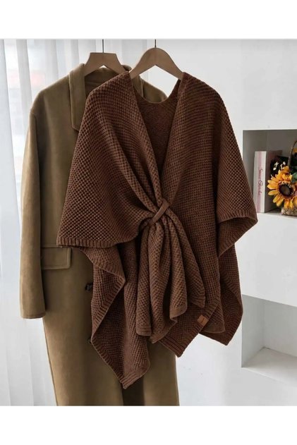 Women's Tie-Up Knitwear Poncho Cardigan – Asymmetrical Cut, Loose Knit Model