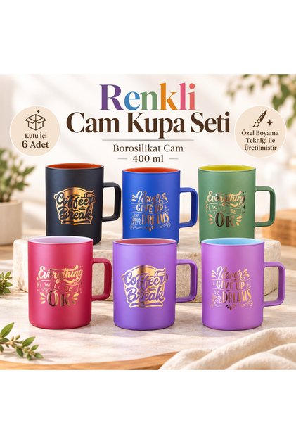 6’lı Renkli Borosilikat Cam Kupa Seti 400 ml – Özel Boyama Desenli Cam Bardak
