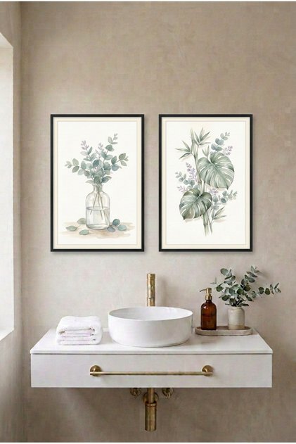 2-Piece Eucalyptus and Monstera Black Wooden Framed Mdf Bathroom Table Set Huhu3267 - Double Table Set Black Frame