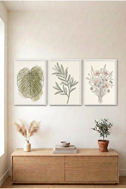 3-Piece Botanical Line Art White Wooden Framed Mdf Painting Set - Living Room Wall Decor Huhu3316 - Triple Painting Set White Frame