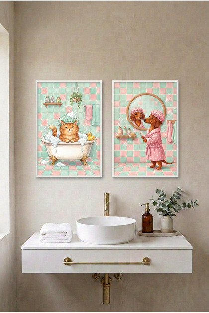 2-Piece Cat and Dog White Wooden Framed Mdf Painting Set - Animals in the Bathroom Bathroom Decor Huhu3277 - Double Painting Set White Frame