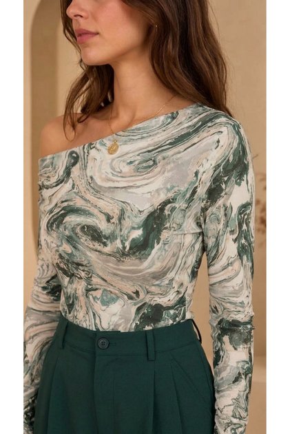 Women's Ecru Green Tie-Dye Patterned Off-Shoulder Boat Neck Long Sleeve Viscose Elastane Blouse