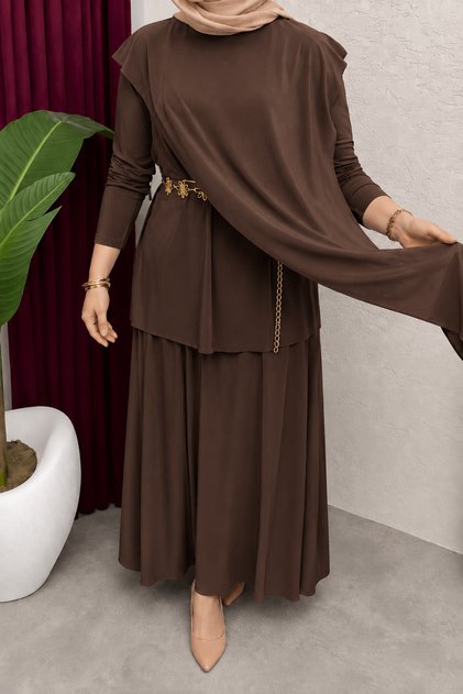 Asymmetrical Cut Sandy Skirt Set - Mg - Brown