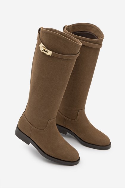 Women's Buckle Riding Casual Boots Velote Tobacco Brown Suede