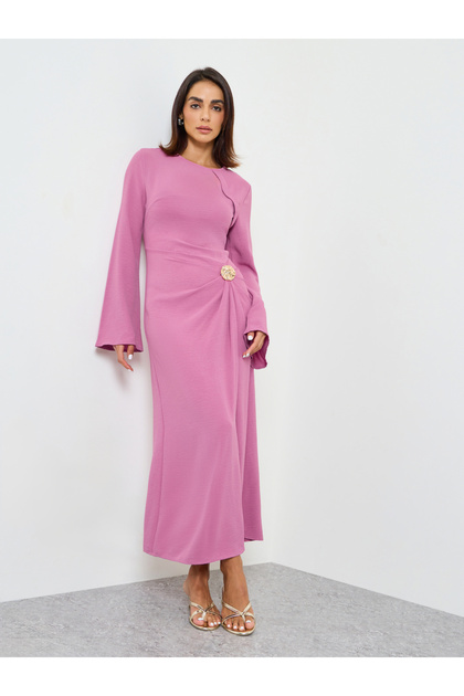 Pink Plain A-Line Maxi Dress with Long Sleeves