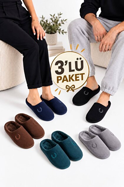 Pack of 3 Corduroy Soundproof Comfortable Soft Sole Wool Home Slippers