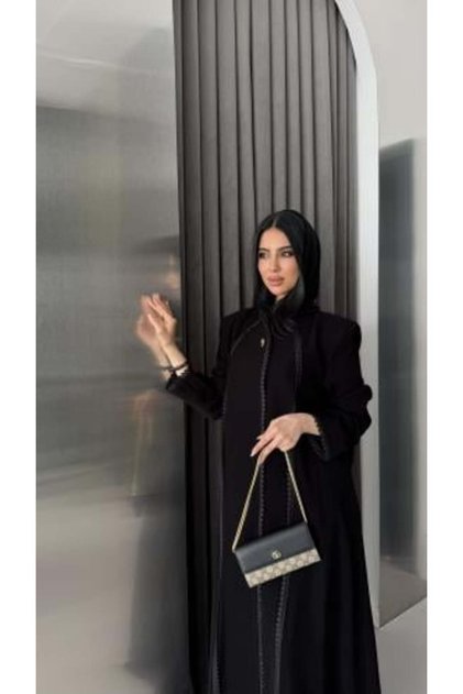 Abaya D70044 - Blazer with ceramic fabric, decorated with a zigzag front trim, A-line cut - Black
