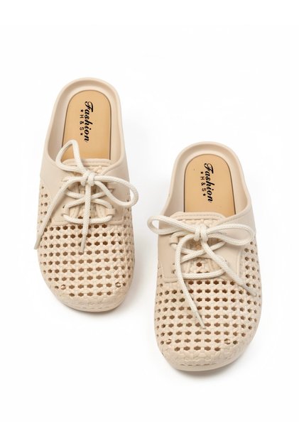 Womens Beige Woven Lace-Up Flat Shoes