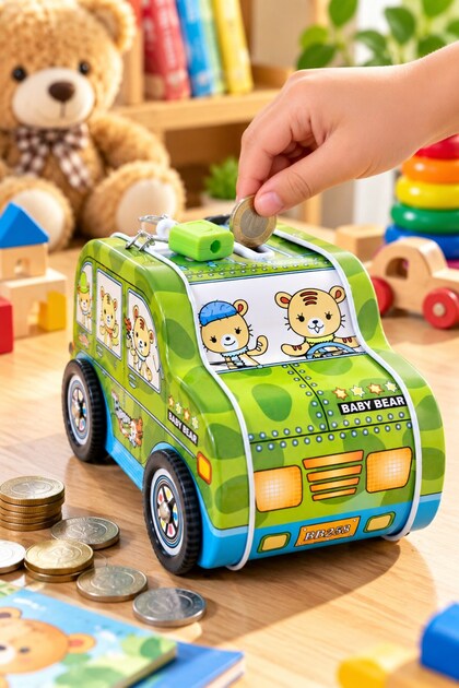 Car-shaped metal piggy bank for kids with lock and key, money saving box 9x15 cm, green