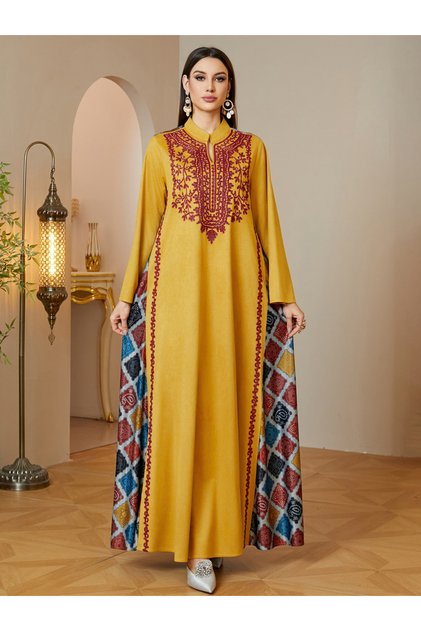 Yellow Embroidered Maxi Jalabiya Dress for Women