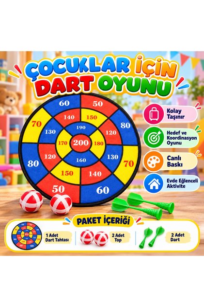 Çocuklar İçin Renkli Dart Oyunu Seti 1 Dart Tahtası 2 Top 2 Dart Eğitici ve Eğlenceli Hedef Oyunu