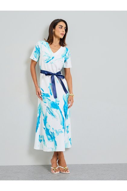 Abstract Print A-Line Maxi Dress with Belt