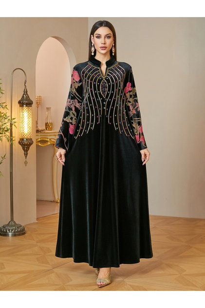 Elegant Black Velvet Jalabiya Maxi Dress with Floral and Beaded Embroidery