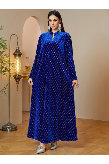 جلابية فاخرة من المخمل الأزرق الداكن مع تطريز ذهبي - طول ماكسي