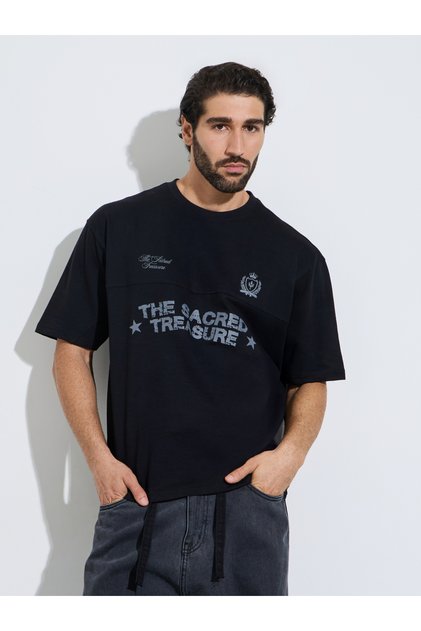 Men Black Oversized Cut and Sew Detail Cotton Terry T-Shirt