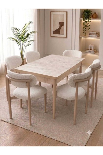Traverten açılır kapanır modern 6-8 kişilik yemek masası takımı BEJ