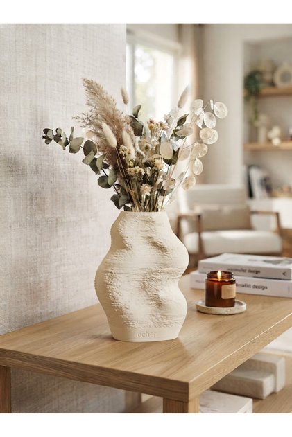 echer studio Talaş Dokulu Vazo - Mat Krem - 3D Baskı Minimalist Dekoratif Vazo