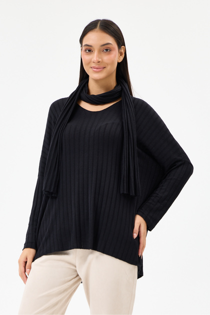 Black Italian Self-Line Patterned Oversize Knitted Blouse with Shawl, Sizes 40 - 46