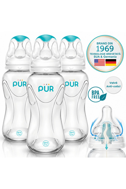 Set de 3 PUR ®   Biberoane pentru bebeluși 250 ml, anti-colici, tetină din silicon cu flux mediu, 3+ luni, gât subțire, fără BPA