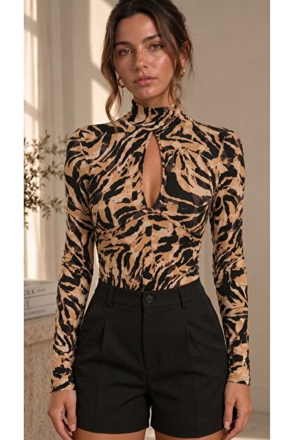 Women's Coffee Autumn Patterned High Neck Window Detail Long Sleeve Blouse