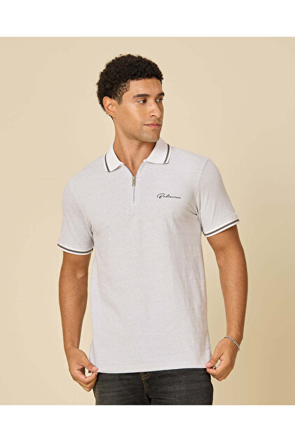 Men White Jacquard Zip Polo Shirt