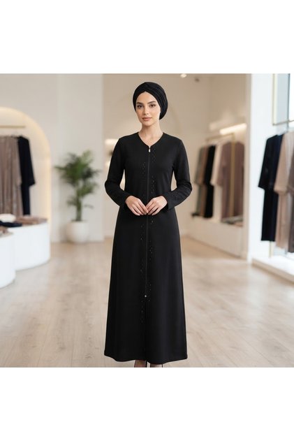 Black Stone Detailed Zippered Two-Thread Sports Robe