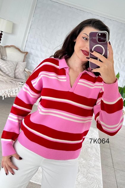 Polo Collar Thick Striped Knitwear Blouse 7K064
