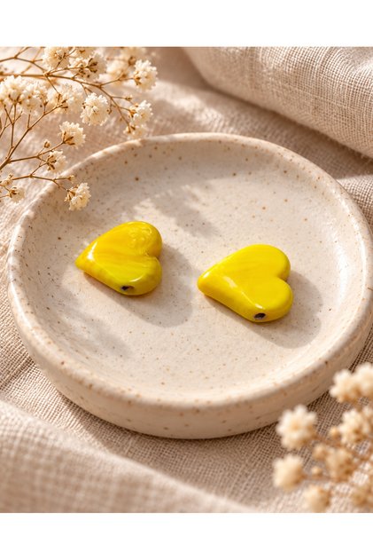 Handmade Murano Glass Yellow Heart Beads (2 Pieces)