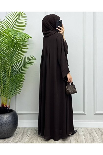 almila şallı şifon abaya uzun kol önden gizli çıtçıtlı çift kat şifon 1.kalite premium abaya