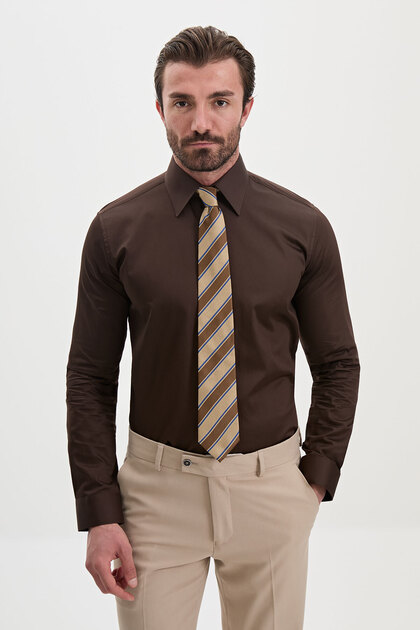 Düz Slim Fit Büyük Yaka Klasik Uzun Kollu Erkek Gömlek Kahve - 27166.26K