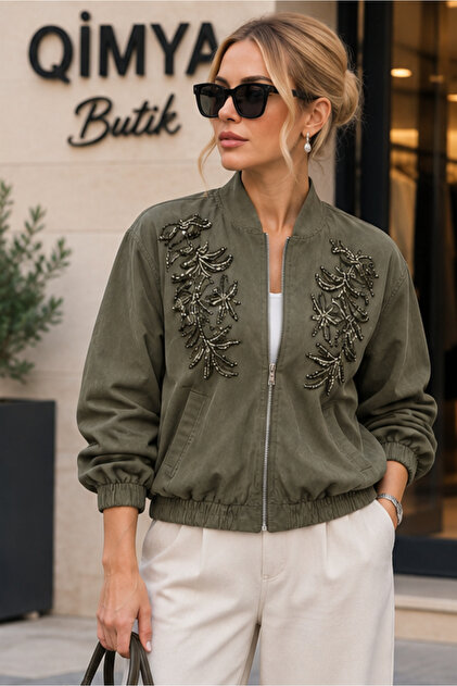 EGZOTİK ASORTİK Kadın Göğsü Boncuk İşlemeli Astarlı İnce Premium Bomber CEKET