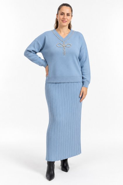 Plus Size Bow and Stone Skirt Set Blue