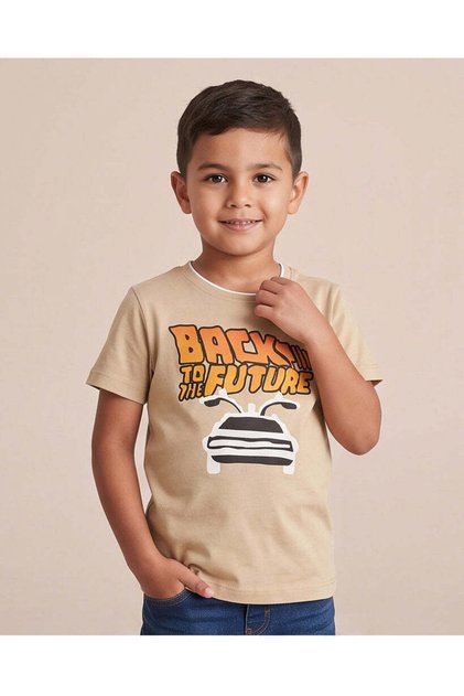 Boys Beige Printed T-Shirt