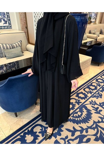 almila şallı şifon abaya uzun kol önden gizli çıtçıtlı çift kat şifon 1.kalite premium abaya