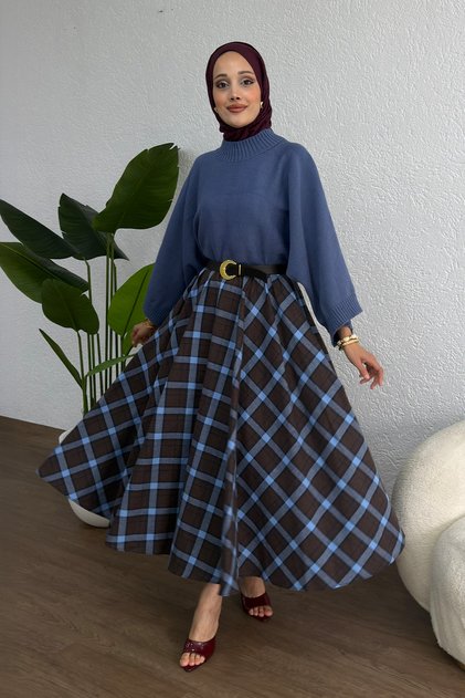 Ekose Desenli Etek - İNDİGO