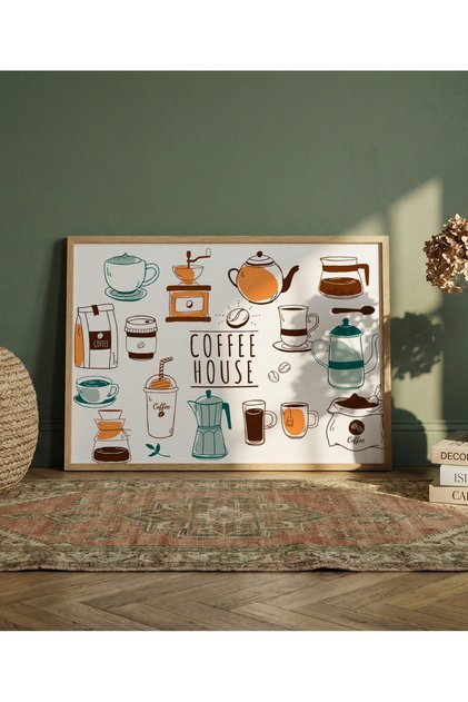 Coffe House Kahve Çeşitleri Çerçeveli Tablo Mutfak Tablosu Kahve Köşesi Tekli Premium Ahşap Siyah Ceviz