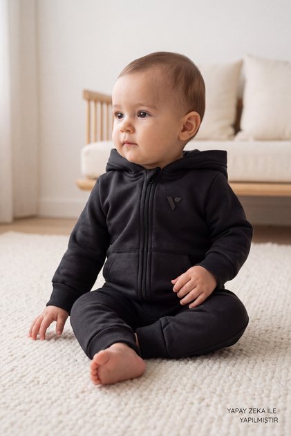 Unisex Baby 3-Yarn Hooded Jumpsuit - Cotton Lined Zippered Hooded Jumpsuit 3-24 Months