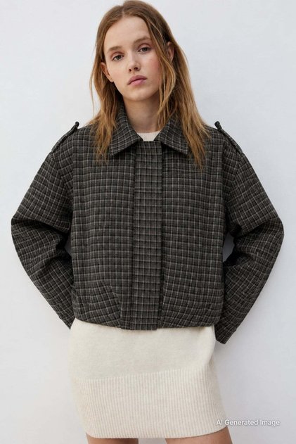 Khaki Plaid Patterned Oversize Women's Bomber Jacket Mg2920