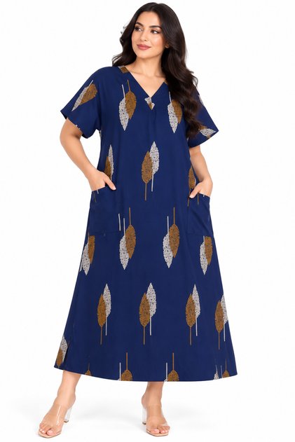 Women's Loose Fit Leaf Print Midi Shirt with Side Pockets - One Size