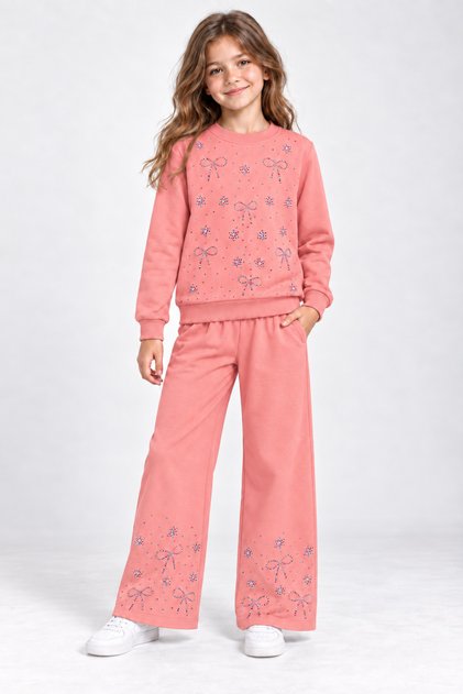 Girl's Seasonal Long-Sleeved Stone-Embellished Top and Bottom Set