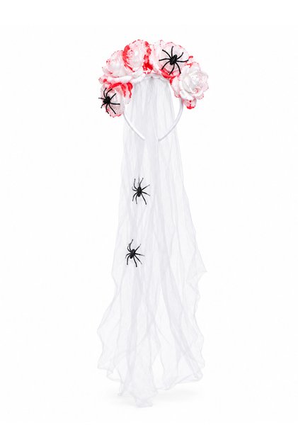 Halloween Ölü Gelin Tacı Tüllü Çiçekli Örümcekli Kostüm Aksesuarı