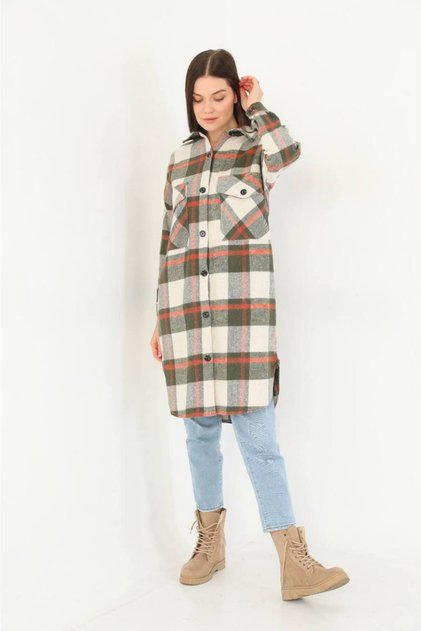 Khaki Plaid Patterned, Pocket Detailed, Buttoned Long Women's Lumberjack Shirt / Tunic