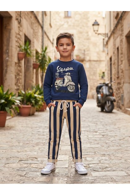 Vespa Motor Printed Striped Pants 2-Thread Seasonal Top and Bottom Boys' Suit