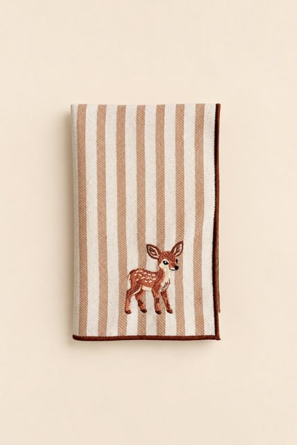 Baby Deer Embroidered Decorative Hand Towel – 100% Cotton, Striped Linen Texture (30×45) - 1 Piece