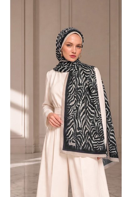 Zebra Desenli Soft Pamuklu Şal - Siyah / Ekru (031)